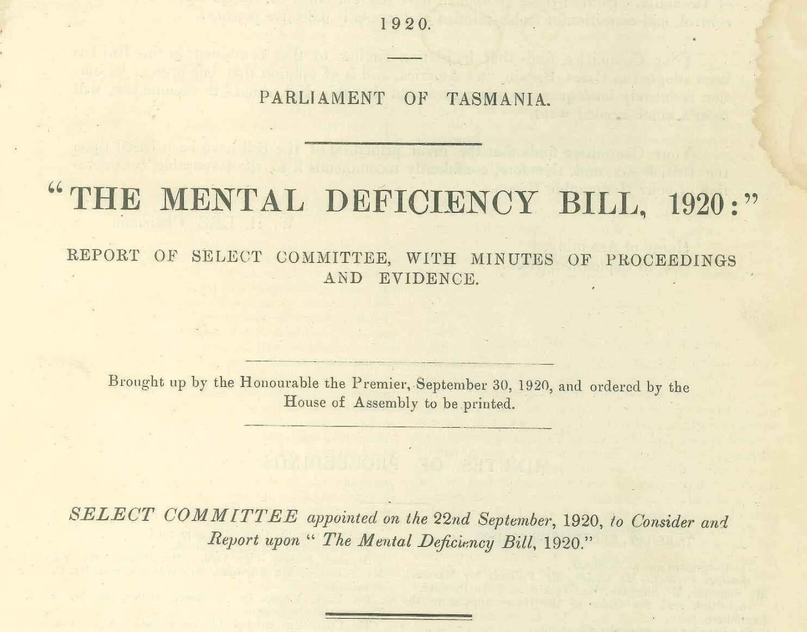 Mental deficency Bill cover